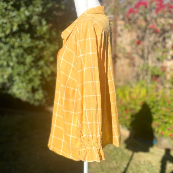 Yellow and White Button Down Blouse with Ruffle Sleeves - Picture 3 of 5